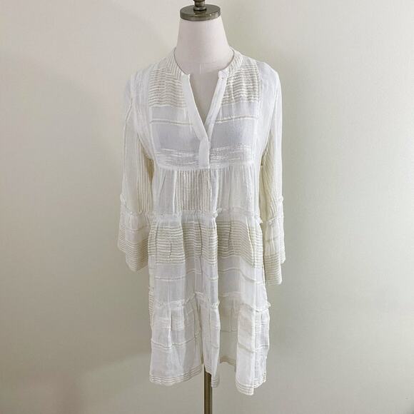 Elan Cream & Metallic Gold Long Sleeve Coverup Dress Women's Sz Small EUC V-Neck - Picture 2 of 10